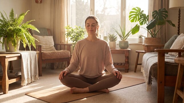 Serene Meditation at Home: A woman in comfortable attire meditates cross-legged on a mat in a sun-drenched living room, surrounded by lush houseplants, embodying tranquility and mindfulness.