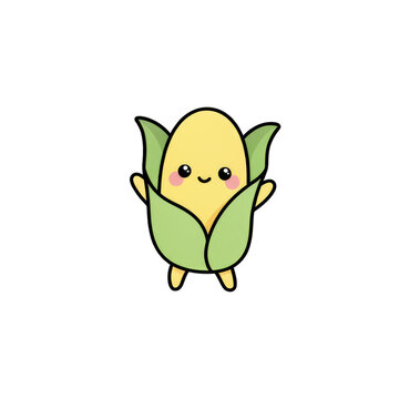A cute cartoon corn character with a happy face and green husks isolated on transparent background