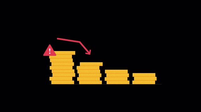 Animated Chart Showing Financial Decline with Stacks of Gold Coins - Transparent