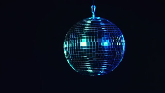 Suspended mirrored disco ball reflecting multicolored stage lights against deep black background, creating bright square highlights, glossy facets, retro nightlife atmosphere, and dramatic contrast