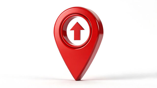 Red 3D map pin icon featuring upward arrow symbol, location