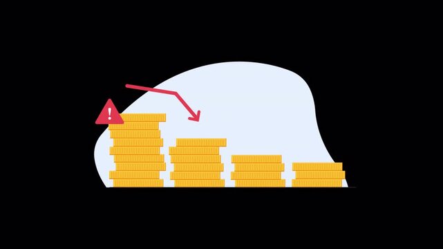Animated Chart Showing Financial Decline with Stacks of Gold Coins - Transparent