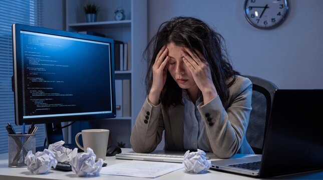 Overworked Programmer at Desk: A female programmer, hair disheveled, clutches her head in frustration while staring at a glowing computer screen filled with code late at night.