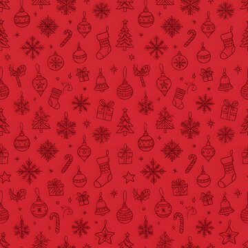 Seamless pattern with hand drawn christmas elements on a vibrant red background for holiday design