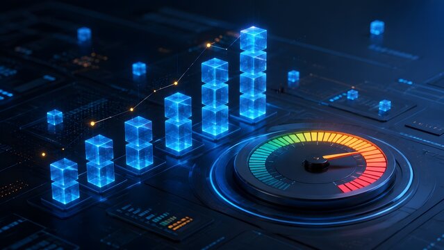 Digital data analysis showing business growth and financial performance with a speedometer indicating high efficiency in a modern tech environment.