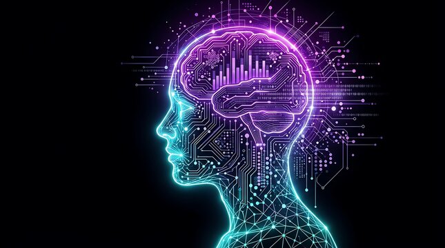 Digital human head silhouette with artificial intelligence brain