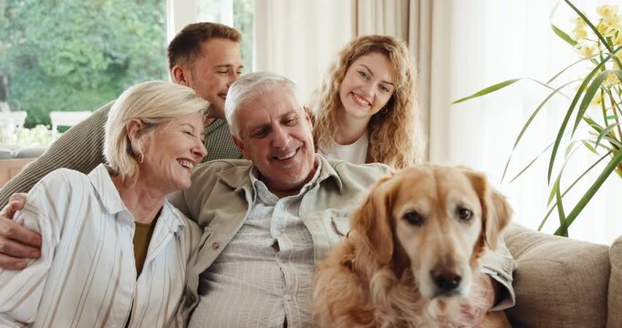 Face, family and dog on home sofa for laugh, happiness and bonding together in living room. Portrait, happy mother and father with adult offspring and pet in house for love, care and relationship