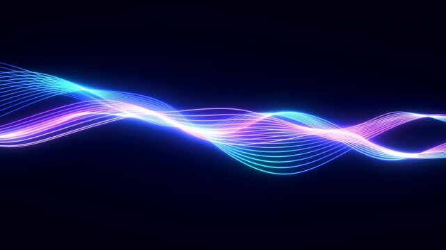 Neon waveform ribbons crossing horizontal midline with cyan magenta violet glow, layered smooth curves and luminous peaks against dark widescreen background, with wave, waveform, neon, glow detail