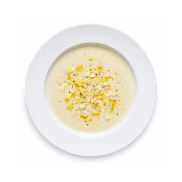 Cremige Mandelsuppe auf wei&szlig;em Teller, freigestellt auf wei&szlig;em Hintergrund. Feine helle Suppe mit Mandelbl&auml;ttchen und Oliven&ouml;l in eleganter Top-View-Studioaufnahme.