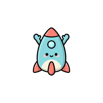 Cute pixel art style cartoon rocket ship character with a happy face isolated on transparent background