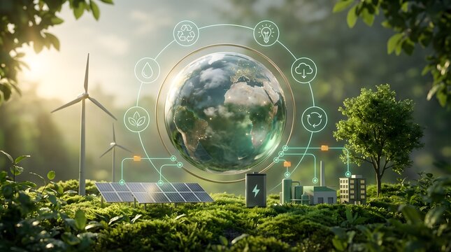 Corporate ESG reporting concept featuring glowing green earth globe with renewable energy technology ecosystem