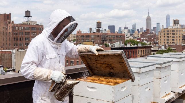 Beekeeper inspecting a rooftop hive with city skyline