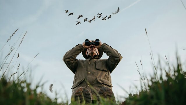 Person Using Binoculars in Field Under Flying Birds and Open Sky