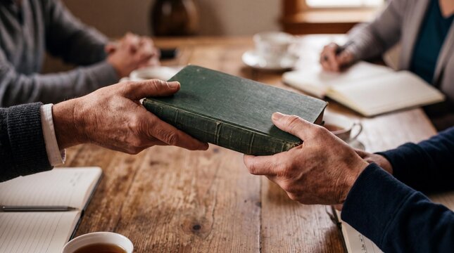 Sacred Exchange: An aged hand passes a worn, green sacred text to another, symbolizing the transfer of faith and wisdom during a solemn gathering.