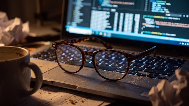 Coding at Dawn: A pair of spectacles rests upon a laptop displaying lines of code, accompanied by a coffee mug and crumpled papers, hinting at a late-night or early-morning coding session