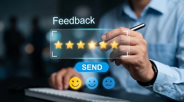 Person giving five star feedback. User rating service quality with digital interface.
