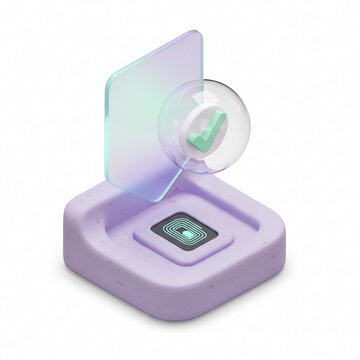 3D isometric payment terminal icon, contactless NFC transaction concept, purple clay style card reader with green checkmark for fintech apps
