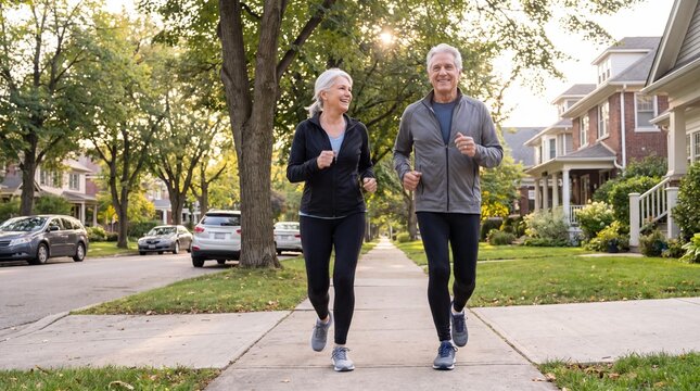 Golden Years in Motion: A radiant senior couple enjoys a brisk jog on a sun-dappled suburban sidewalk, embodying the vitality of active aging and a shared commitment to wellness.