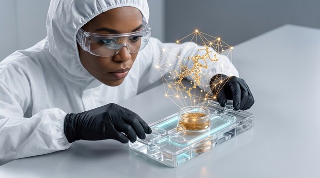 Scientist analyzing gold molecular structure using advanced laboratory equipment for biological research with laboratory microfluidic device