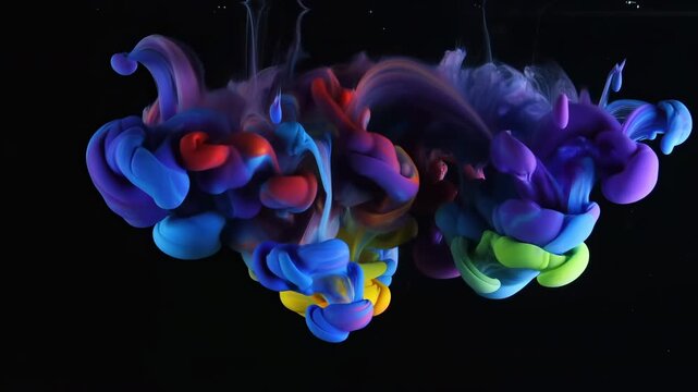 Colorful ink plumes curling through dark liquid, forming dense coils, ribboned loops, and soft transitional halos across wide studio background, with ink, plume, pigment, color detail
