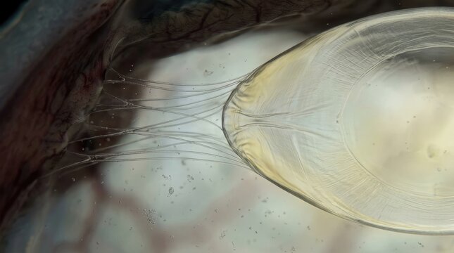 Eye lens suspensory ligament, ciliary body connection, microscopic anatomy view, internal organic biological structure, medical vision science detail, clear crystalline capsule, ocular focus mechanism
