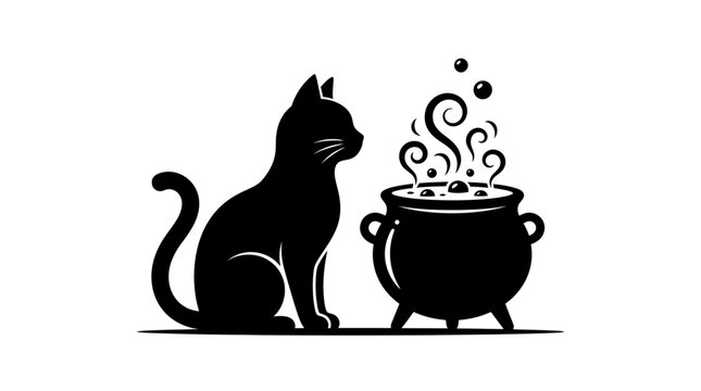 Halloween, Mystical black cat silhouette with magic cauldron, witch familiar with bubbling potion vector, spooky Halloween feline icon on white background Vector