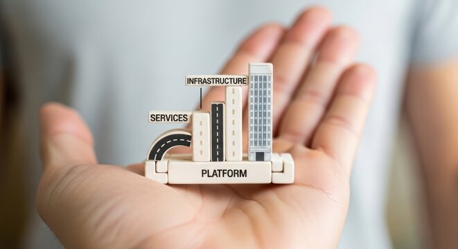 Metaverse Business Models Concepts. Close up of hands holding small wooden blocks with platform infrastructure and services concepts representing business growth and technology support