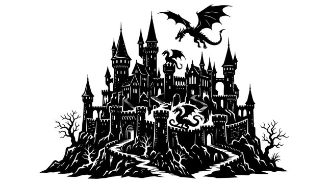 Halloween, Gothic fantasy castle silhouette with flying dragons, medieval fortress on a rocky hill, black and white fairytale palace vector illustration Vector