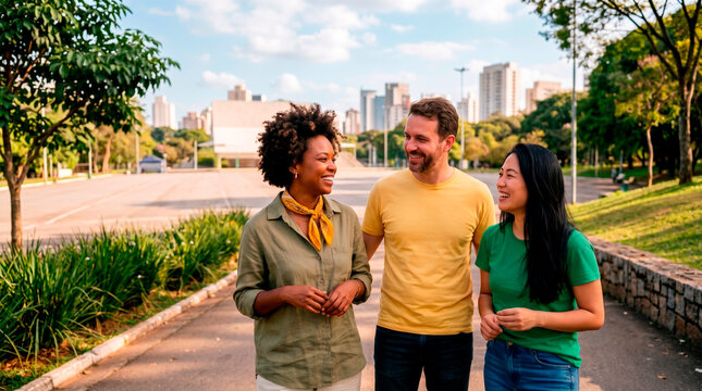 A group of three friends chatting happily in a city park on a sunny day.