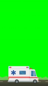 Animated ambulance vehicle driving representing emergency response, medical healthcare services, and urgent patient transport. Chroma key green screen with alpha channel. (loopable)