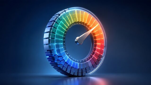 A dynamic 3D render of a futuristic gauge or speedometer, vividly illustrating maximum performance, optimization, and efficiency with a vibrant, colorful scale.