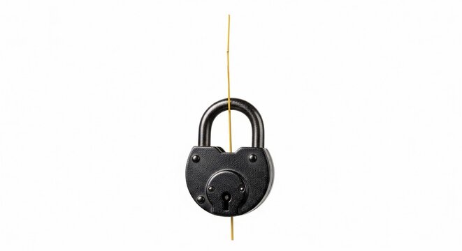 Vintage black padlock with a golden rod passing through the shackle, isolated on a transparent background, symbolizing security and access