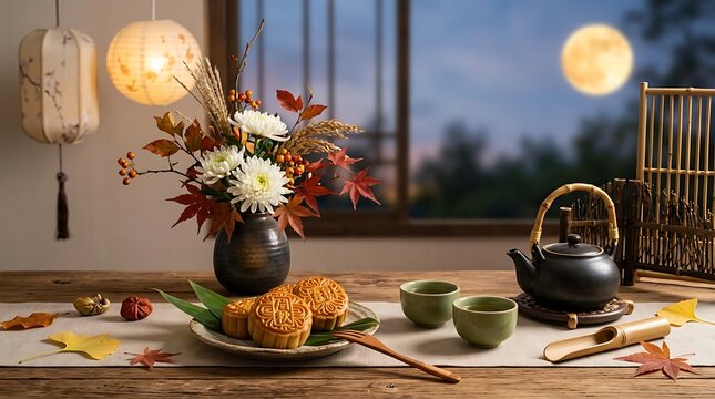 Traditional mid-autumn festival scene with mooncakes and tea moon cake tea set