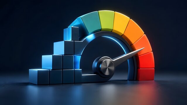 Dynamic 3D gauge visualization depicting performance metrics and progress levels with a vibrant color spectrum, isolated on a dark background.