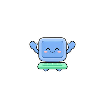 A cute pixel art computer character with a happy face and raised arms isolated on transparent background