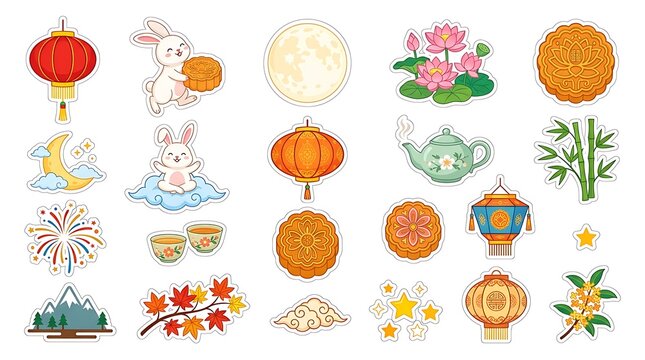 Collection of mid-autumn festival elements: lanterns mooncakes rabbits flowers