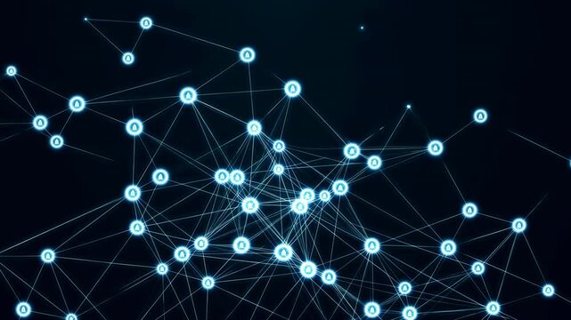 Neon cyan network nodes forming denser interconnected web across deep navy background with glowing links and secure data symbols, with network, node, cybersecurity, padlock detail