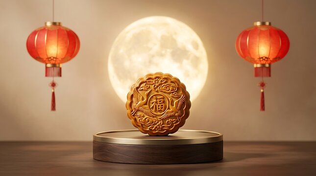 Traditional mooncake on pedestal with full moon and hanging lanterns, mid autumn