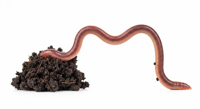 A reddish-brown earthworm wriggling out of a clump of dark soil on a white background