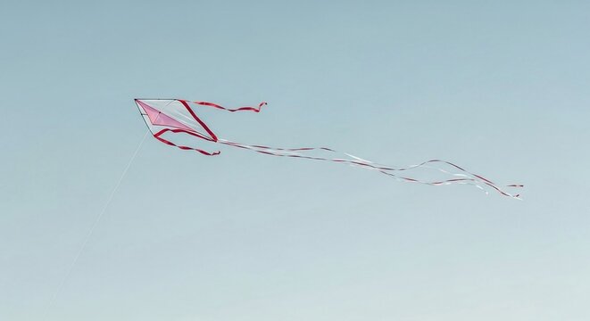 A white and red patterned kite with a long streamer gracefully flying in a clear blue sky on a bright day.