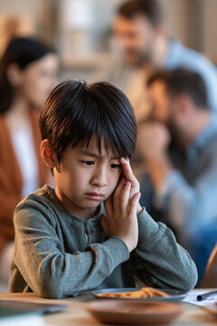Upset asian preteen boy feeling sad and lonely during family conflict at home