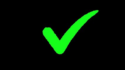 Bright green hand-drawn checkmark symbol on a solid black background © Manjuara  Stock