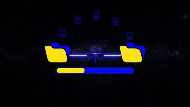 File transfer process with yellow folders, cloud and progress bar