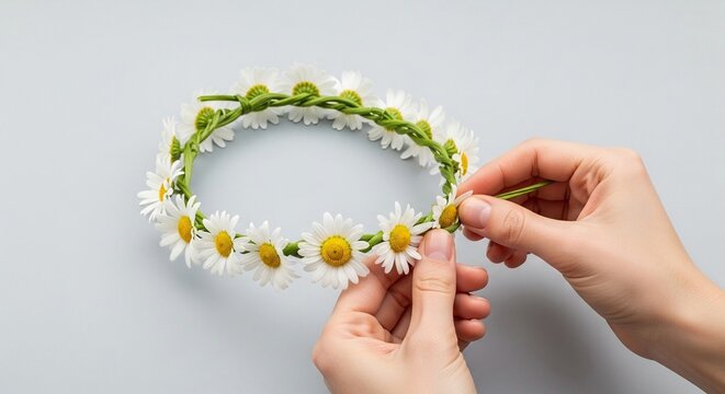 Hands meticulously crafting a delicate daisy flower chain wreath for a summery accessory