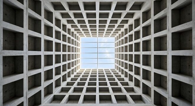Brutalist concrete coffered ceiling with geometric square recessed grids