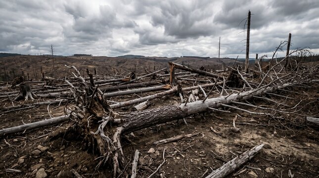Barren deforested land with uprooted trees under a stormy dramatic sky showing environmental destruction
