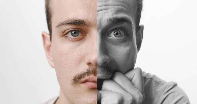 Conceptual Split Portrait of Young Man Showing Calm and Anxious Emotions