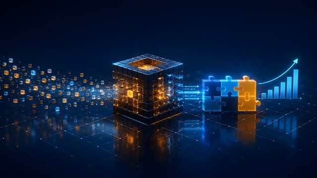 Visualizing complex digital data processing and integration leading to successful business growth, strategy, and innovative technology solutions.