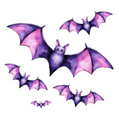 Fototapeta premium Cute Purple and Pink Halloween Bats Watercolor Illustration Set on Transparent Background