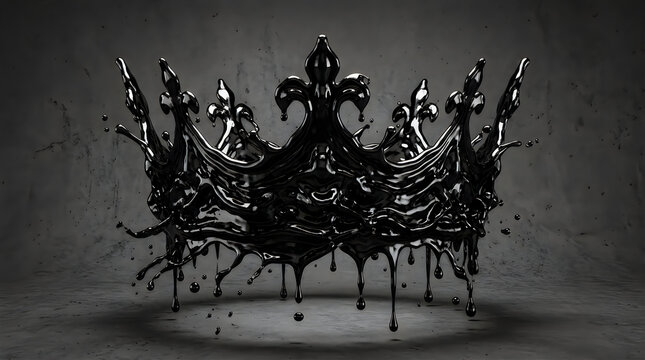 A shiny black royal crown made of liquid oil dripping on a dark grey background